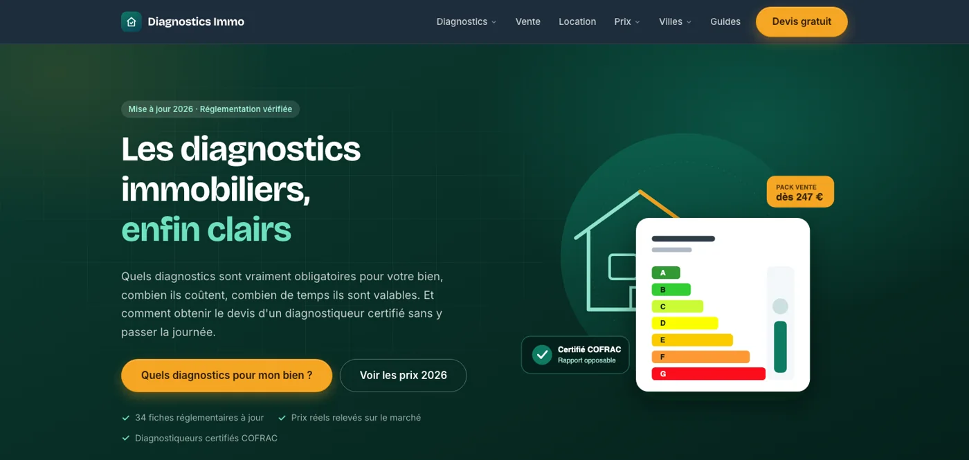 Homepage screenshot of Diagnostics Immo